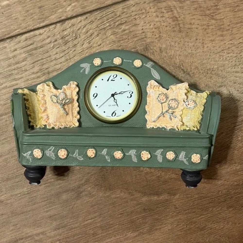 Vintage Miniature Sofa Clock Sage Green Floral Decorative Figurine Display Only